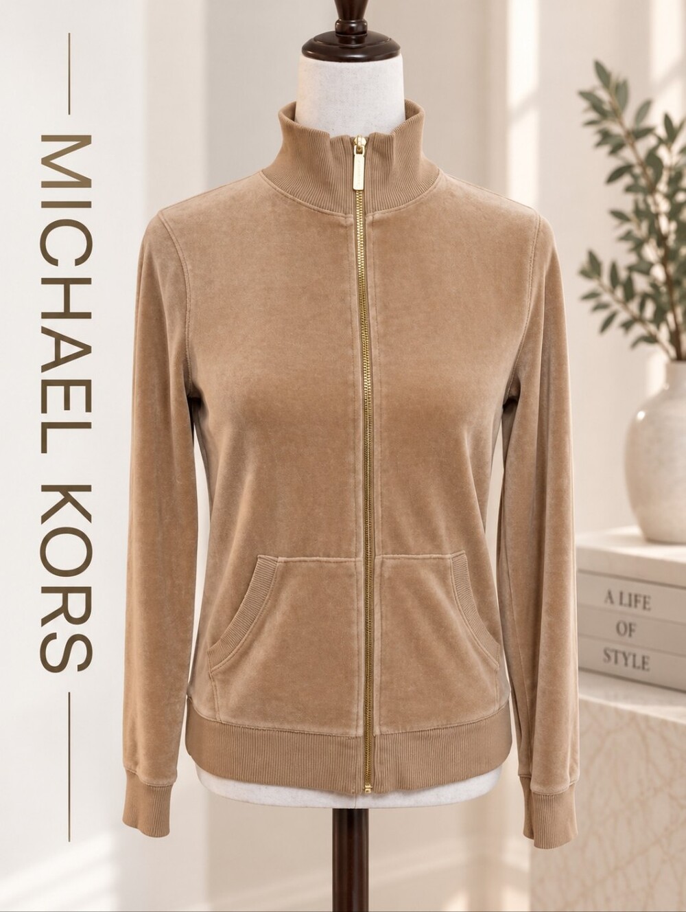 Michael Kors Tan Velour Full-Zip Track Jacket – Size Small
